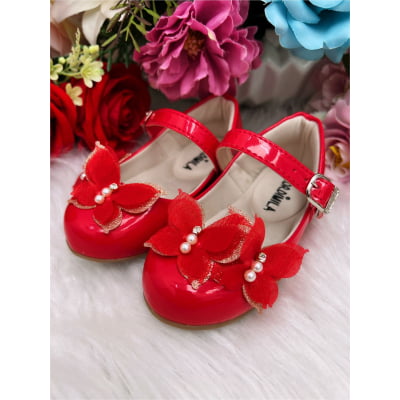 Sapatinho Vermelho Verniz C/ Aplique Borboleta Luxo Glitter