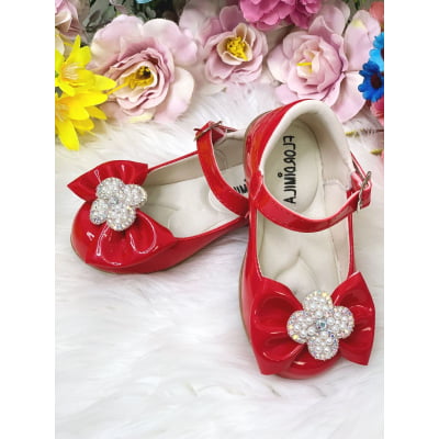 Sapatinho Vermelho Verniz C/ Lacinho e Flor Strass e Pérolas