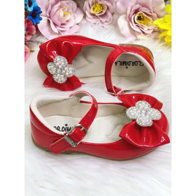 Sapatinho Vermelho Verniz C/ Lacinho e Flor Strass e Pérolas