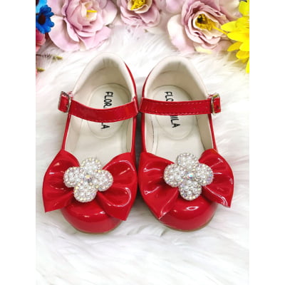 Sapatinho Vermelho Verniz C/ Lacinho e Flor Strass e Pérolas