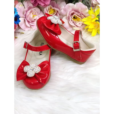 Sapatinho Vermelho Verniz C/ Lacinho e Flor Strass e Pérolas