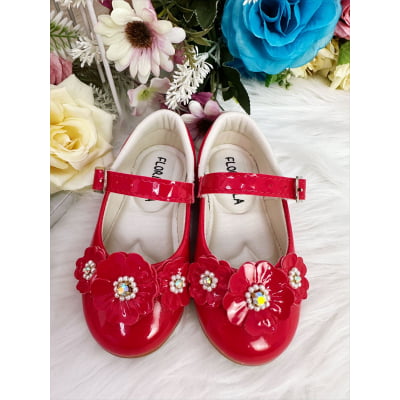 Sapatinho Vermelho Verniz Com Florzinhas Pérolas e Strass