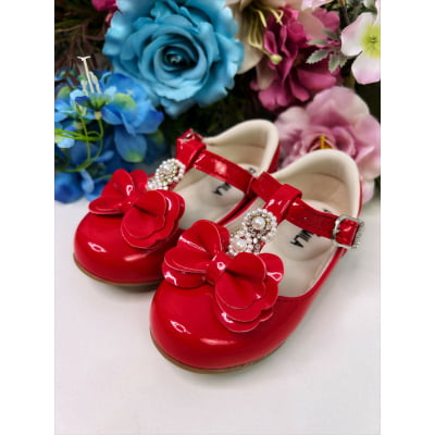 Sapatinho Vermelho Verniz de Lacinho C/ Pérolas e Strass