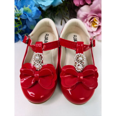 Sapatinho Vermelho Verniz de Lacinho C/ Pérolas e Strass