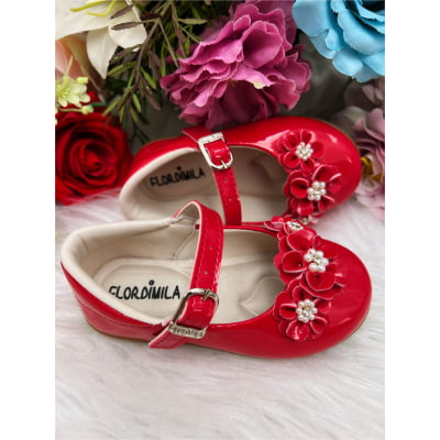 Sapatinho Vermelho Verniz Flor C/ Pérolas E Strass