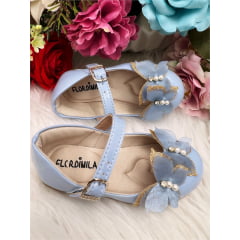 Sapatinho Azul Bebê Verniz C/ Aplique Borboleta Glitter Luxo