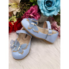 Sapatinho Azul Bebê Verniz C/ Aplique Borboleta Glitter Luxo