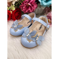 Sapatinho Azul Bebê Verniz C/ Aplique Borboleta Glitter Luxo