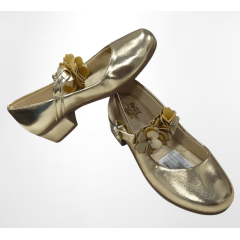 Sapatinho C/ Salto Dourado Verniz Aplique de Florzinhas e Strass