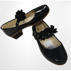 Sapatinho C/ Salto Preto Verniz Aplique de Florzinhas e Strass