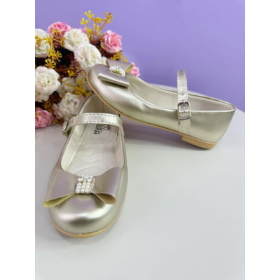 Sapatinho Dourado Fosco C/ Aplique de Lacinho e Strass