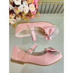 Sapatinho Infantil Rosa Verniz Aplique de Lacinho Com Strass