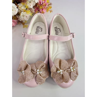 Sapatinho Nude Verniz C/ Aplique de Flores Glitter Luxo