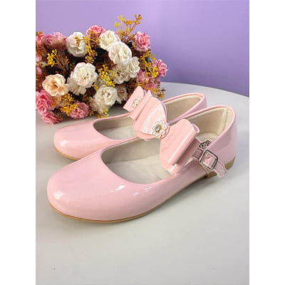 Sapatinho Rosa Verniz C/ Lacinho e Flor de Strass