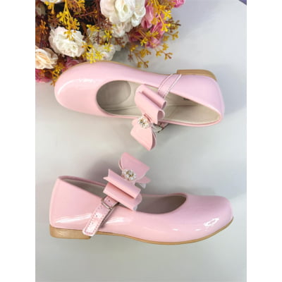 Sapatinho Rosa Verniz C/ Lacinho e Flor de Strass