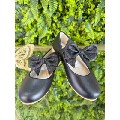 Sapatinho Preto Com Aplique de Laço Glitter Luxo
