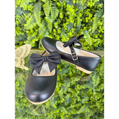 Sapatinho Preto Com Aplique de Laço Glitter Luxo