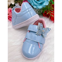 Tênis Azul Bebê Verniz Rosa Aplique Borboleta Velcro Meninas