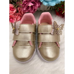 Tênis Ouro Fosco e Rosa Aplique Borboleta Velcro Meninas