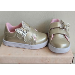 Tênis Ouro Fosco e Rosa Aplique Borboleta Velcro Meninas