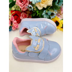 Tênis Azul Bebê Verniz Rosa e Aplique Gatinha Velcro Meninas