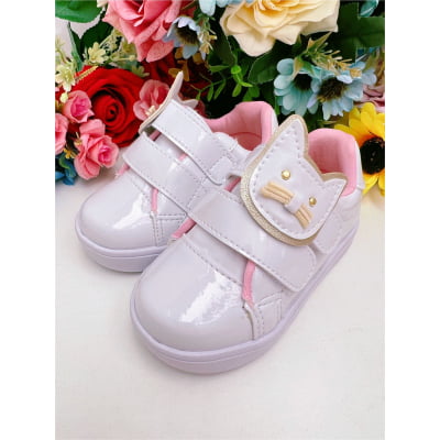 Tênis Branco Verniz Rosa C/ Aplique Gatinha e Velcro Meninas