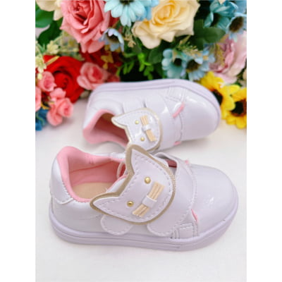 Tênis Branco Verniz Rosa C/ Aplique Gatinha e Velcro Meninas