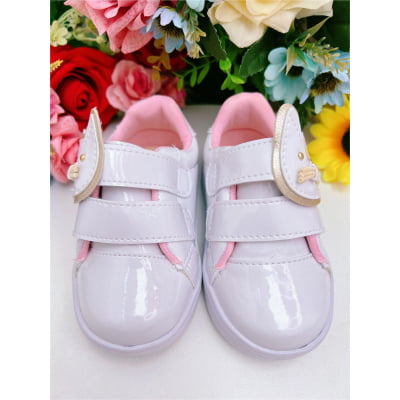 Tênis Branco Verniz Rosa C/ Aplique Gatinha e Velcro Meninas