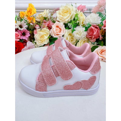 Tênis com Velcro Branco e Rosa C/ Glitter Meninas