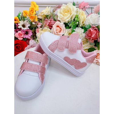 Tênis com Velcro Branco e Rosa C/ Glitter Meninas