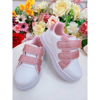 Tênis com Velcro Branco e Rosa C/ Glitter Meninas