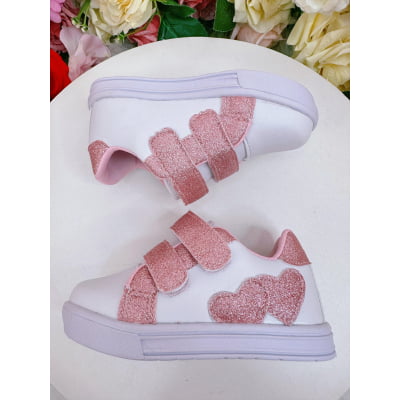 Tênis com Velcro Branco e Rosa C/ Glitter Meninas