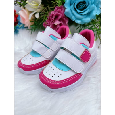 Tênis Infantil Branco e Pink Com Velcro Meninas