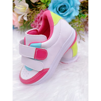Tênis Infantil Branco e Pink Com Velcro Meninas