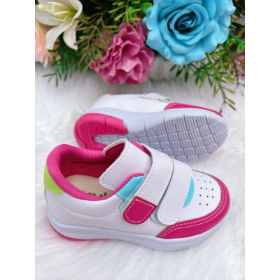 Tênis Infantil Branco e Pink Com Velcro Meninas