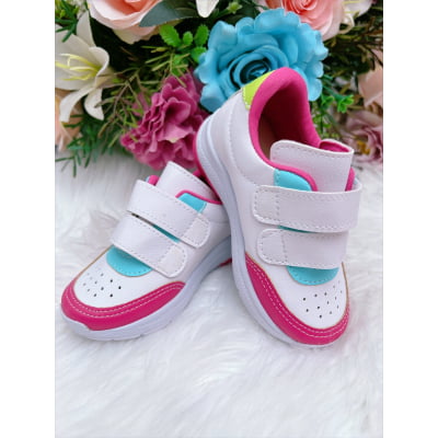 Tênis Infantil Branco e Pink Com Velcro Meninas