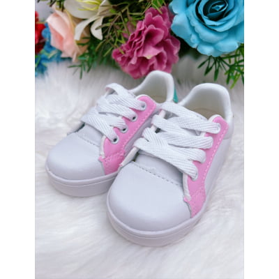 Tênis Infantil Branco e Rosa Com Cadarço Meninas
