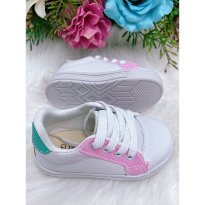 Tênis Infantil Branco e Rosa Com Cadarço Meninas
