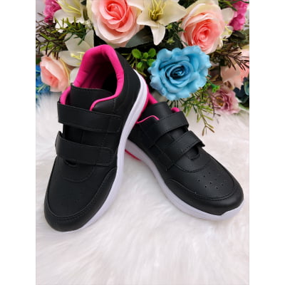 Tênis Infantil Preto e Pink Com Velcro Meninas