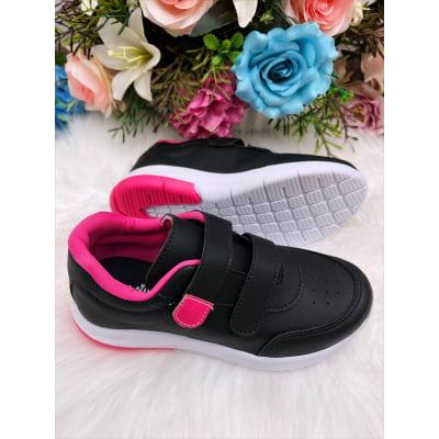 Tênis Infantil Preto e Pink Com Velcro Meninas