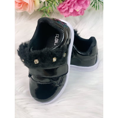 Tênis Preto Verniz Com Pelúcia e Strass Meninas