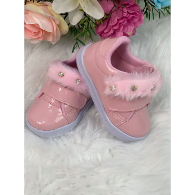 Tênis Rosa Verniz Com Pelúcia e Strass Meninas
