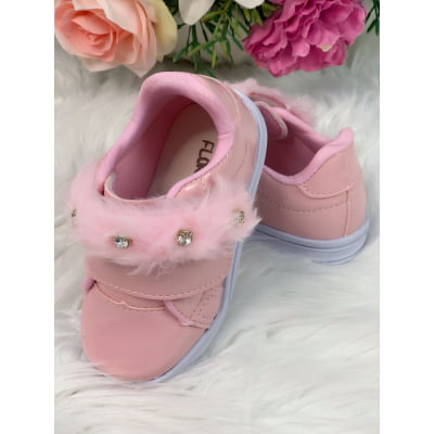 Tênis Rosa Verniz Com Pelúcia e Strass Meninas