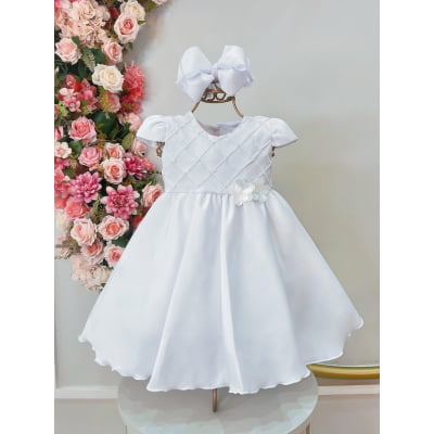 Vestido Bebê Branco Busto Com Nervuras Batizado Luxo