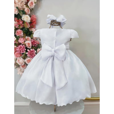 Vestido Bebê Branco Busto Com Nervuras Batizado Luxo