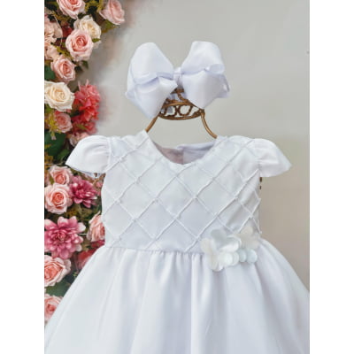 Vestido Bebê Branco Busto Com Nervuras Batizado Luxo