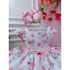 Vestido Infantil Bebê Branco Florido C/ Bolinhas Pérolas