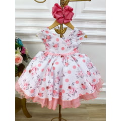 Vestido Infantil Bebê Branco Florido C/ Bolinhas Pérolas