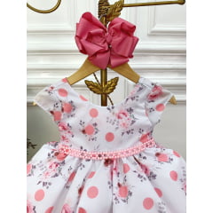 Vestido Infantil Bebê Branco Florido C/ Bolinhas Pérolas