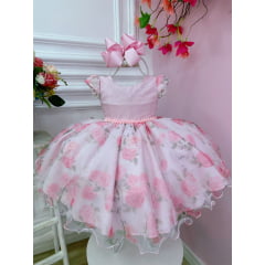 Vestido Infantil Bebê Rosa Florido de Rosas Busto Strass